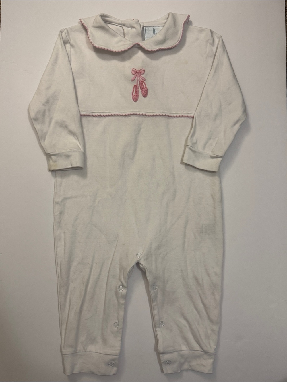 Little English White Playsuit with Pink Ballet Shoe Crochet - 18 months